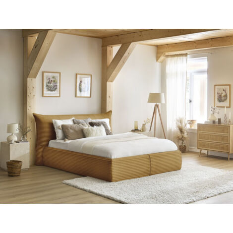 BOBOCHIC - Lit coffre JADE avec tête de lit effet oreiller gros côtelé doux  140x190 Jaune (1/5)