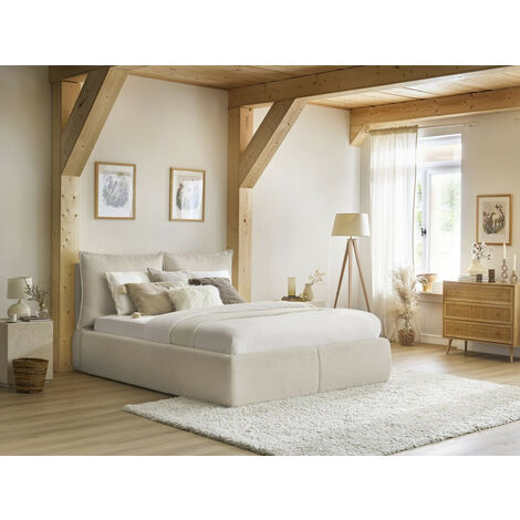 BOBOCHIC - Lit coffre GARANCE avec tête de lit effet oreiller tissu bouclette 140x190 Beige (1/5)