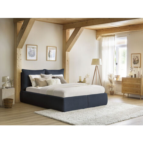 BOBOCHIC - Lit coffre GARANCE avec tête de lit effet oreiller tissu bouclette 180x200 Bleu foncé (1/5)