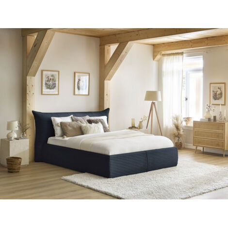 BOBOCHIC - Lit coffre JADE avec tête de lit effet oreiller gros côtelé doux 140x190 Bleu foncé (1/5)
