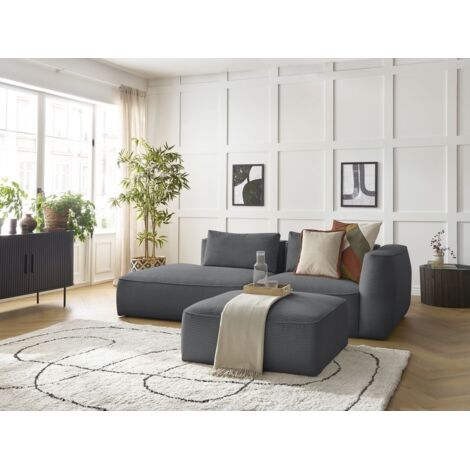 BOBOCHIC - Canapé droit fixe 3 places LEOPOLD velours côtelé avec pouf Accoudoir droit Gris foncé (1/5)