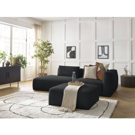 BOBOCHIC - Canapé droit fixe 3 places LEOPOLD tissu chiné avec pouf Accoudoir droit Noir (1/5)
