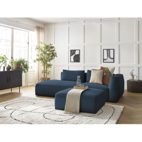 BOBOCHIC - Canapé droit fixe 3 places LEOPOLD velours côtelé avec pouf Accoudoir droit Bleu foncé (1/5)