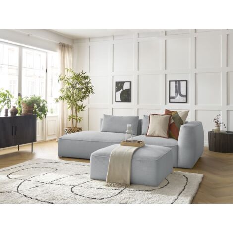 BOBOCHIC - Canapé droit fixe 3 places LEOPOLD velours côtelé avec pouf Accoudoir droit  Gris clair (1/5)