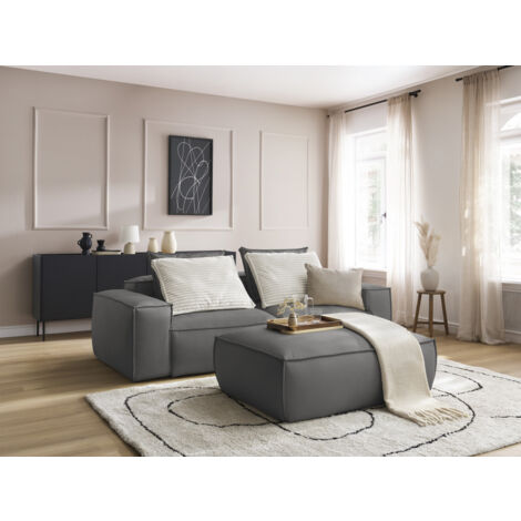 BOBOCHIC - Canapé droit fixe 3 places ultra moelleux BOHEME cuir végan avec pouf Gris foncé (1/5)