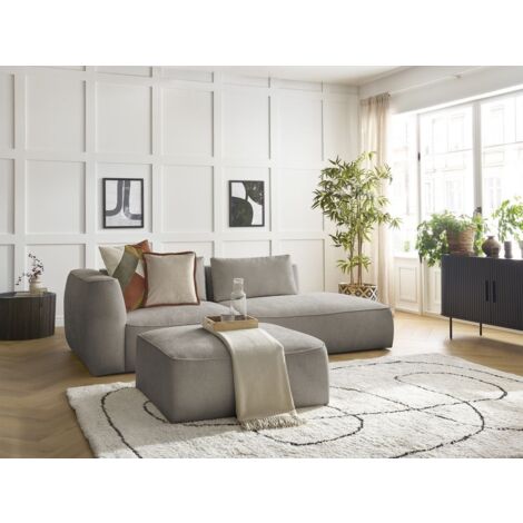 BOBOCHIC - Canapé droit fixe 3 places LEOPOLD tissu texturé avec pouf Accoudoir gauche  Taupe (1/5)