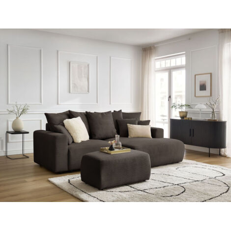 BOBOCHIC - Canapé d'angle convertible coffre ATILLA velours côtelé avec pouf Angle droit Taupe (1/5)