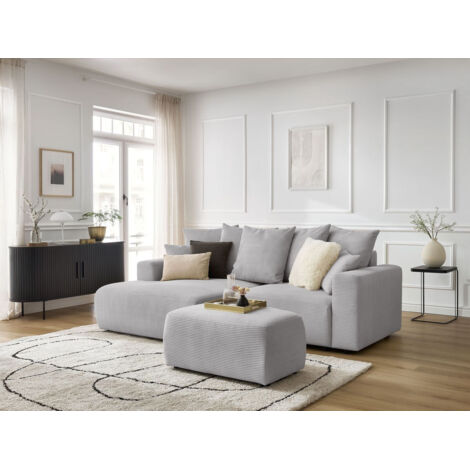 BOBOCHIC - Canapé d'angle convertible coffre ATILLA velours côtelé avec pouf Angle gauche Gris clair (1/5)