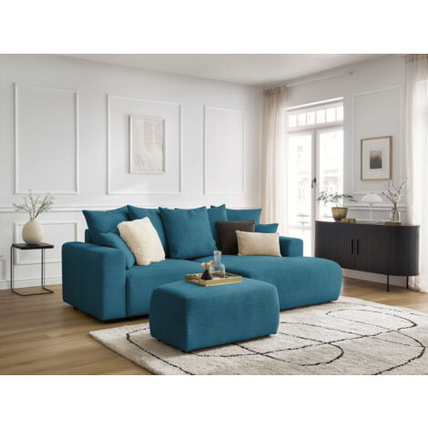 BOBOCHIC - Canapé d'angle convertible coffre ATILLA velours côtelé avec pouf Angle droit  Bleu clair (1/5)