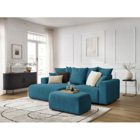 BOBOCHIC - Canapé d'angle convertible coffre ATILLA velours côtelé avec pouf Angle gauche  Bleu clair (1/5)