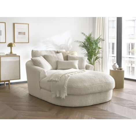 Bobochic – Méridienne BELEM tissu bouclette beige – Structure bois massif pin et hêtre – Confort équilibré – Dimensions 144x198x90 cm