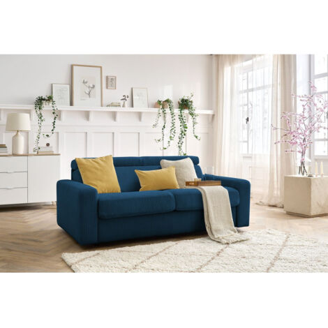 BOBOCHIC - Canapé droit convertible MONACO ouverture express velours côtelé 160x190 Bleu foncé (1/5)