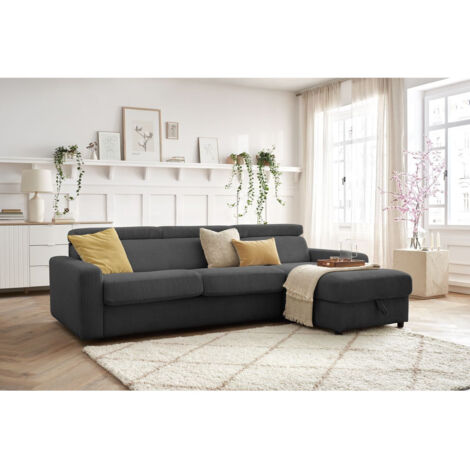 BOBOCHIC - Canapé d'angle réversible convertible coffre MONACO velours côtelé Réversible 160x190 Gris foncé (1/5)