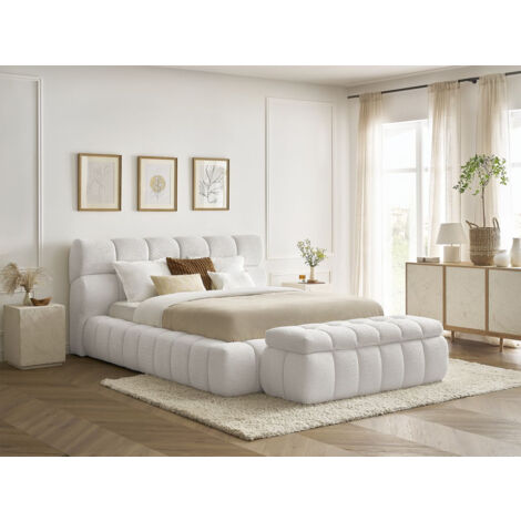 BOBOCHIC - Lit coffre MONT-BLANC + Bout de lit MONT-BLANC tissu bouclette 160x200 + bout de lit 140 Blanc (1/5)