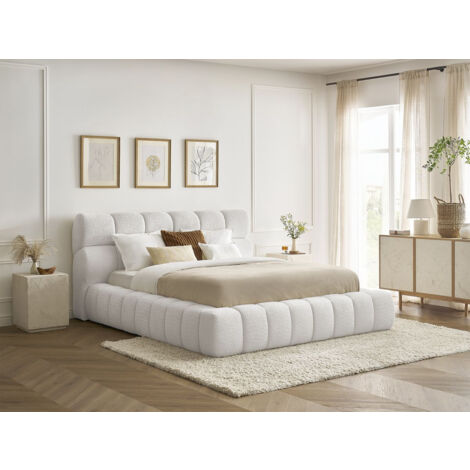 Bobochic – Lit coffre 140x190 – Tissu bouclette blanc – Hauteur totale 105 cm – Lattes incluses – Fabrication Europe – Garnissage mousse et ouate (1/5)
