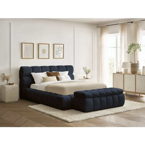 BOBOCHIC - Lit coffre MONT-BLANC + Bout de lit MONT-BLANC tissu bouclette 180x200 + bout de lit 140 Bleu foncé (1/5)