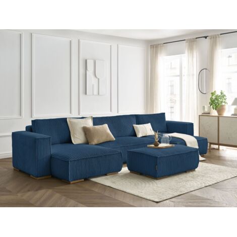 BOBOCHIC - Canapé panoramique convertible coffre CHELSEA gros côtelé doux avec pouf   Bleu foncé (1/5)