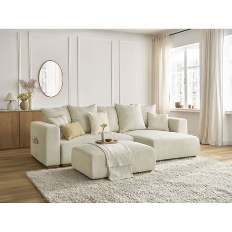 BOBOCHIC - Canapé d'angle convertible réversible coffre SIDONIE velours côtelé avec pouf Beige (1/5)