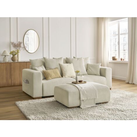 BOBOCHIC - Canapé droit convertible coffre SIDONIE velours côtelé avec pouf Beige (1/5)