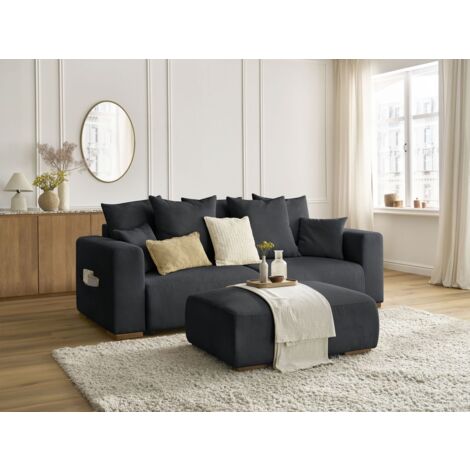 BOBOCHIC - Canapé droit convertible coffre SIDONIE velours côtelé avec pouf   Noir (1/5)
