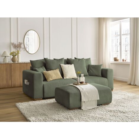 BOBOCHIC - Canapé droit convertible coffre SIDONIE velours côtelé avec pouf Vert (1/5)