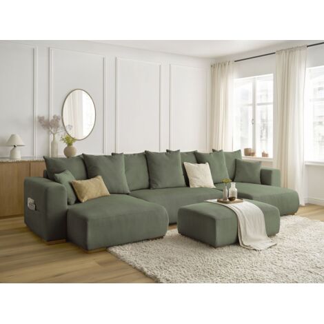 BOBOCHIC - Canapé panoramique convertible réversible coffre SIDONIE velours côtelé avec pouf   Vert (1/5)