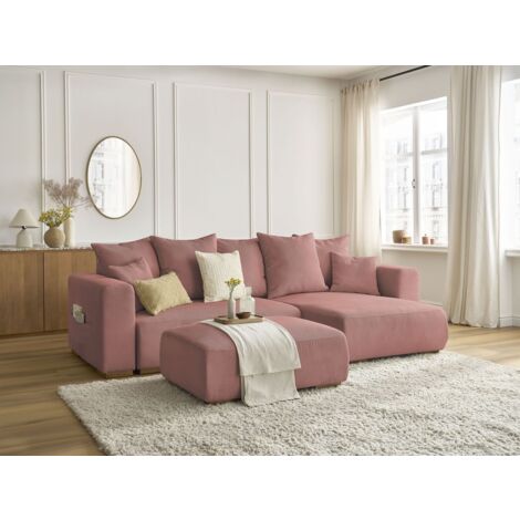 BOBOCHIC - Canapé d'angle convertible réversible coffre SIDONIE velours côtelé avec pouf Rose (1/5)