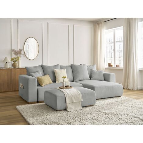 BOBOCHIC - Canapé d'angle convertible réversible coffre SIDONIE velours côtelé avec pouf Gris clair (1/5)