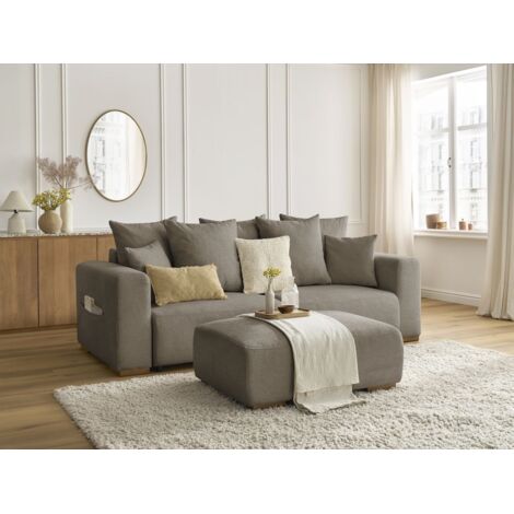 BOBOCHIC - Canapé droit convertible SIDONIE tissu chiné avec pouf Taupe (1/5)