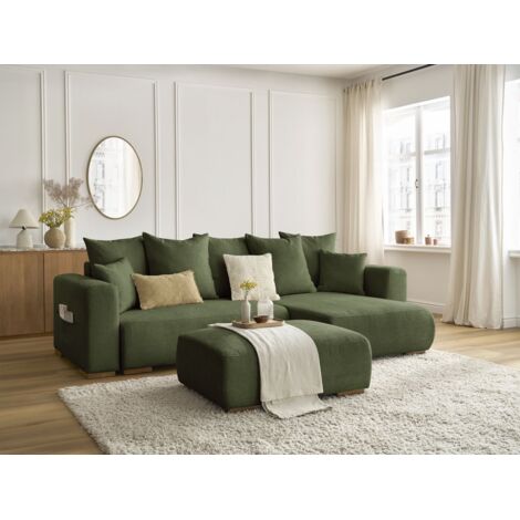 BOBOCHIC - Canapé d'angle convertible réversible coffre SIDONIE tissu chiné avec pouf   Vert (1/5)