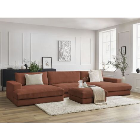 BOBOCHIC - Canapé panoramique fixe compact LEONARD velours côtelé avec pouf Orange (1/5)