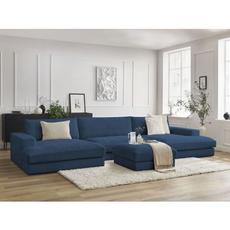 BOBOCHIC - Canapé panoramique fixe compact LEONARD velours côtelé avec pouf   Bleu foncé (1/5)