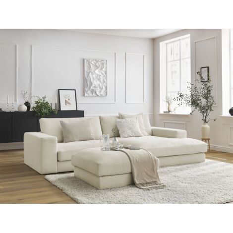 BOBOCHIC - Canapé d'angle fixe compact LEONARD velours côtelé avec pouf Angle droit Beige (1/5)