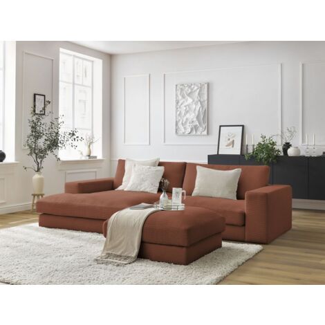 BOBOCHIC - Canapé d'angle fixe compact LEONARD velours côtelé avec pouf Angle gauche  Orange (1/5)