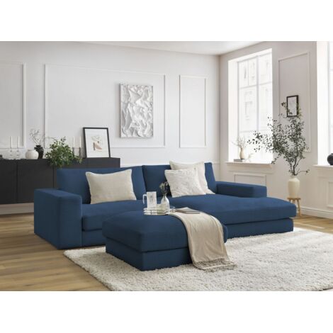 BOBOCHIC - Canapé d'angle fixe compact LEONARD velours côtelé avec pouf Angle droit Bleu foncé (1/5)
