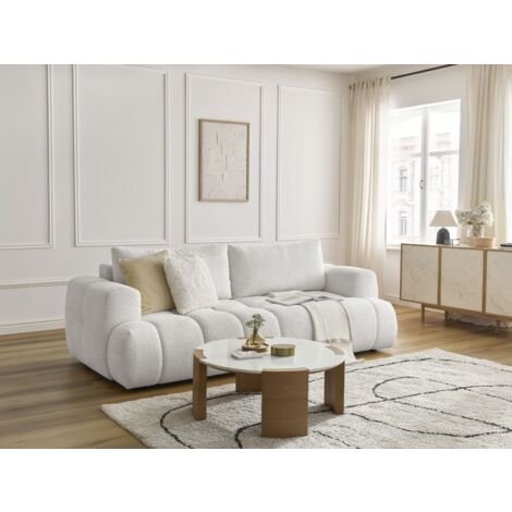 BOBOCHIC - Canapé droit convertible 3 places FUJI tissu bouclette Blanc (1/5)