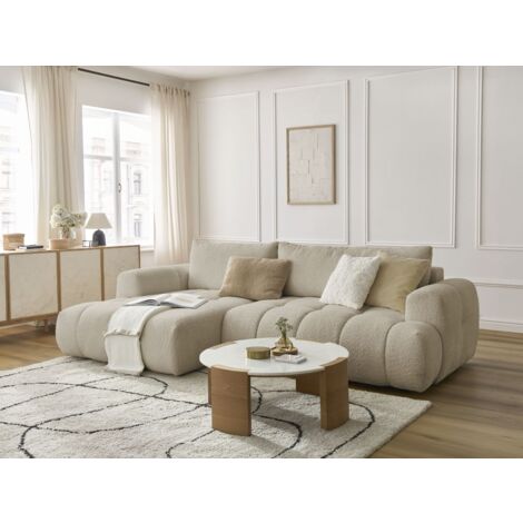Bobochic – Canapé d'angle convertible 3 places – Tissu bouclette beige – Coffre de rangement – Longueur 292 cm – Largeur 160 cm