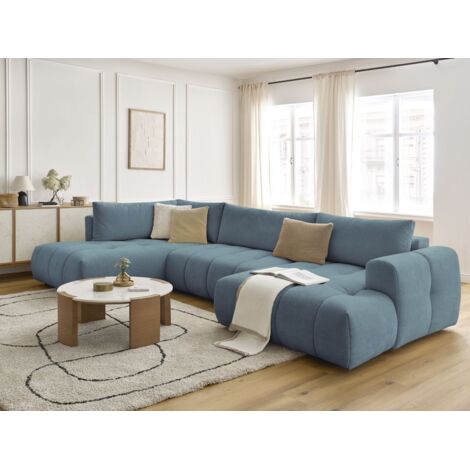 BOBOCHIC - Canapé panoramique convertible FUJI tissu lisse Angle droit Bleu clair (1/5)