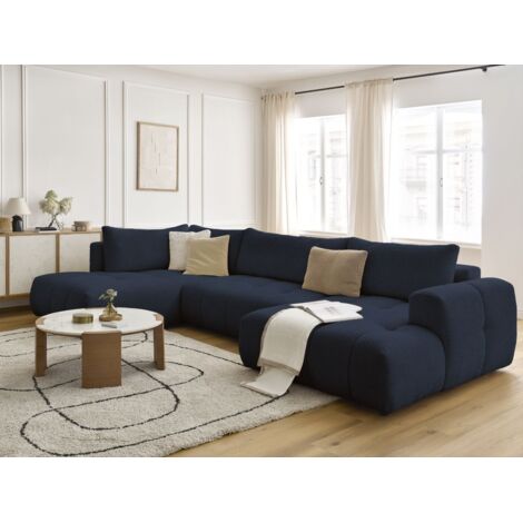 BOBOCHIC - Canapé panoramique convertible FUJI tissu bouclette Angle droit Bleu foncé (1/5)
