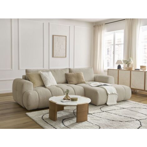 Bobochic – Canapé d'angle convertible 292 cm – Tissu bouclette beige – Confort équilibré – Dossier rabattable pour couchage occasionnel