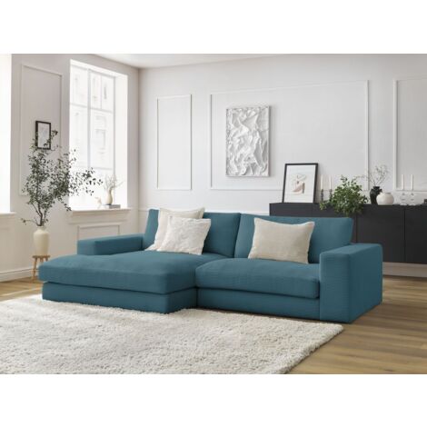 BOBOCHIC - Canapé d'angle fixe compact LEONARD velours côtelé Angle gauche  Bleu clair (1/5)
