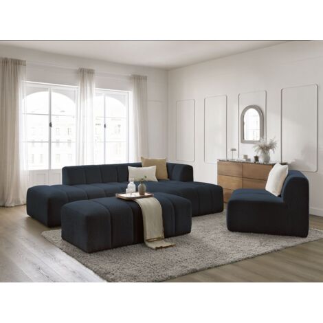 BOBOCHIC - Canapé d'angle fixe modulable ANNECY tissu bouclette avec 1 chauffeuse 1 place et 1 pouf Angle droit Bleu foncé (1/5)
