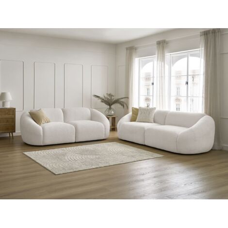 BOBOCHIC - Ensemble canapé droit fixe 3 + 2 places TINA tissu bouclette   Blanc (1/5)