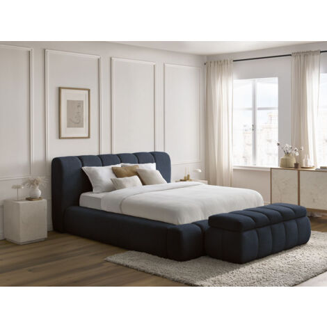 BOBOCHIC - Lit coffre DENALI tissu bouclette + Bout de lit DENALI 140x190 + bout de lit 140 Bleu foncé (1/5)