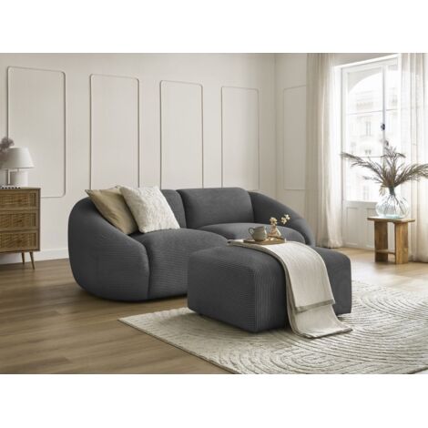 BOBOCHIC - Canapé droit fixe 2 places TINA velours côtelé avec pouf   Gris foncé (1/5)