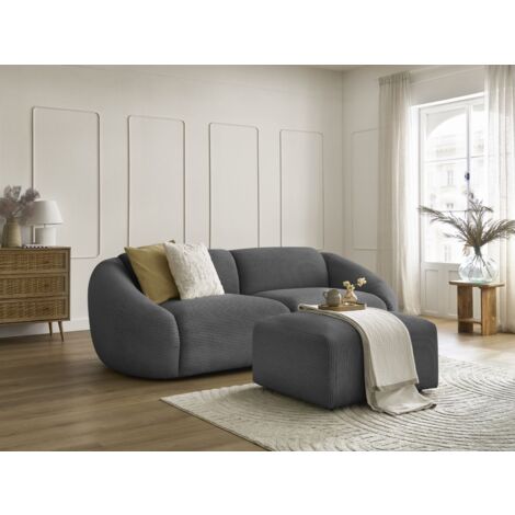 BOBOCHIC - Canapé droit fixe 3 places TINA velours côtelé avec pouf   Gris foncé (1/5)