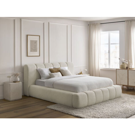 Bobochic – Lit coffre DENALI 140x190 – Tissu bouclette 100% polyester – Hauteur 105 cm – Cadre bas et dossier capitonné moderne (1/5)