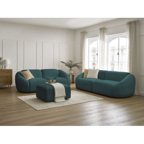 BOBOCHIC - Ensemble canapé droit fixe 3 + 2 places TINA tissu bouclette avec pouf   Bleu clair (1/5)