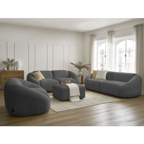 BOBOCHIC - Ensemble canapé droit fixe 3 + 2 places + fauteuil TINA tissu bouclette avec pouf Gris foncé (1/5)