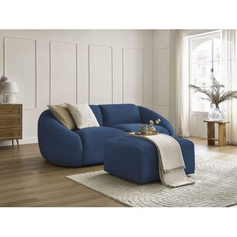 BOBOCHIC - Canapé droit fixe 2 places TINA velours côtelé avec pouf   Bleu foncé (1/5)